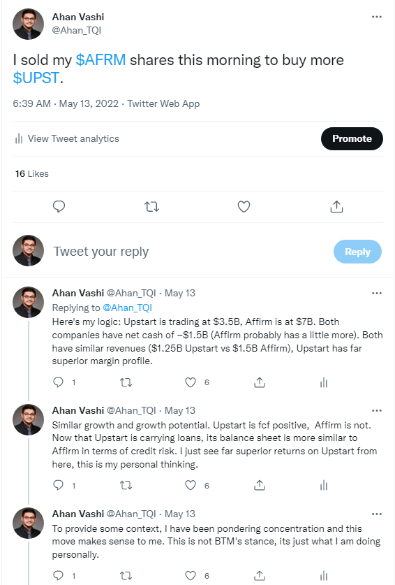 Ahan Vashi's Tweet on UPST