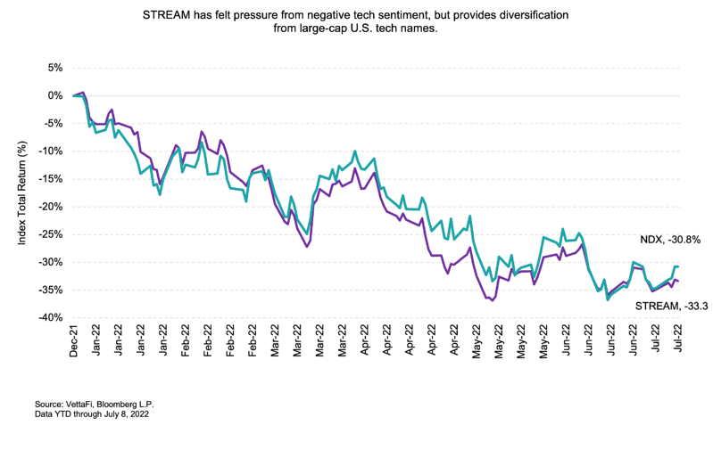 The S-Network Streaming & Gaming Index has felt pressure from negative tech sentiment but provides diversification from large-cap US tech names