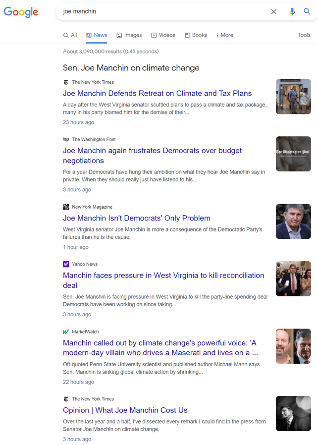 Screen shot of a Google news search