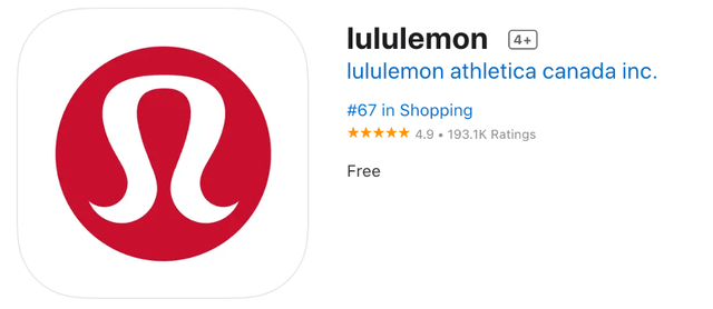 Lululemon rating apple app store 4.9