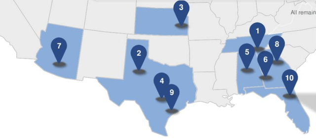map of southern half of U.S., showing 3 VA facilities in Texas, 2 in Georgia, and one each in Florida, Alabama, Tennessee, Kansas, and Arizona