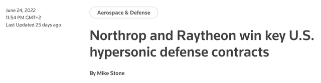 Reuters headline: Northrop and Raytheon win US hypersonic defense contracts