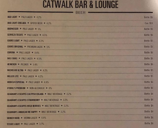 Catwalk bar & lounge menu