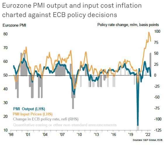 Eurozone PMI output and input cost inflation charted against ECB policy decisions