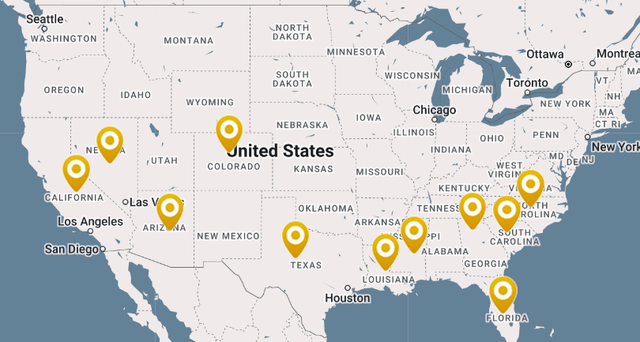 map of U.S., showing 10 facility locations, all across southern half of U.S., from North Carolina to California