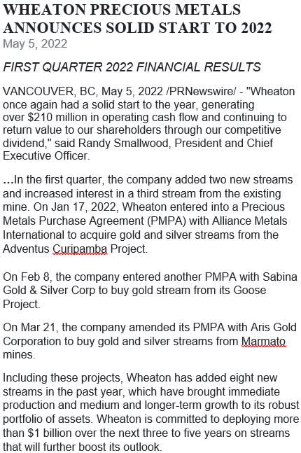 Wheaton Precious Metals Q2 2022 highlights