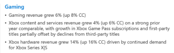 Microsoft gaming revenues Q3 FY2022