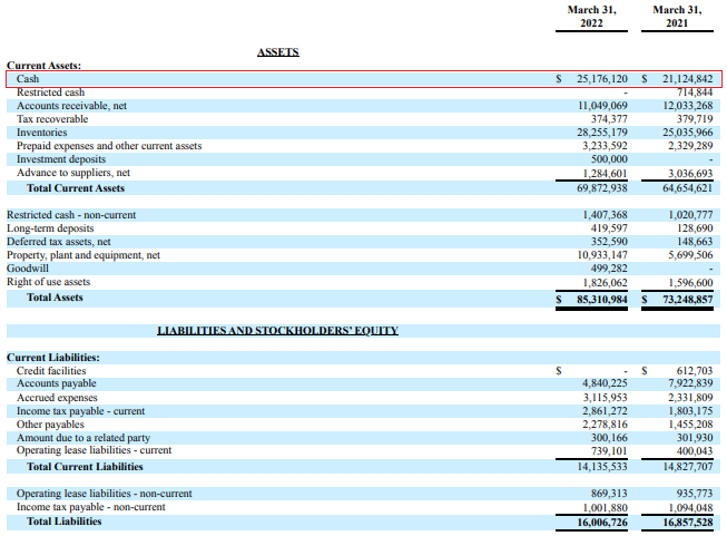 Jerash Holdings FY22 balance sheet