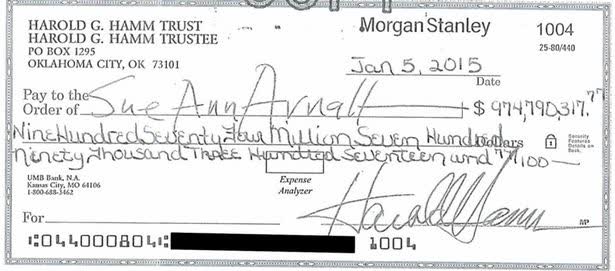 A divorce settlement check from Harold Hamm, chief executive of oil driller Continental Resources, to ex-wife Sue Ann Arnall in the amount of $974.8 million is shown in this image from a court document released to Reuters on January 6, 2015.