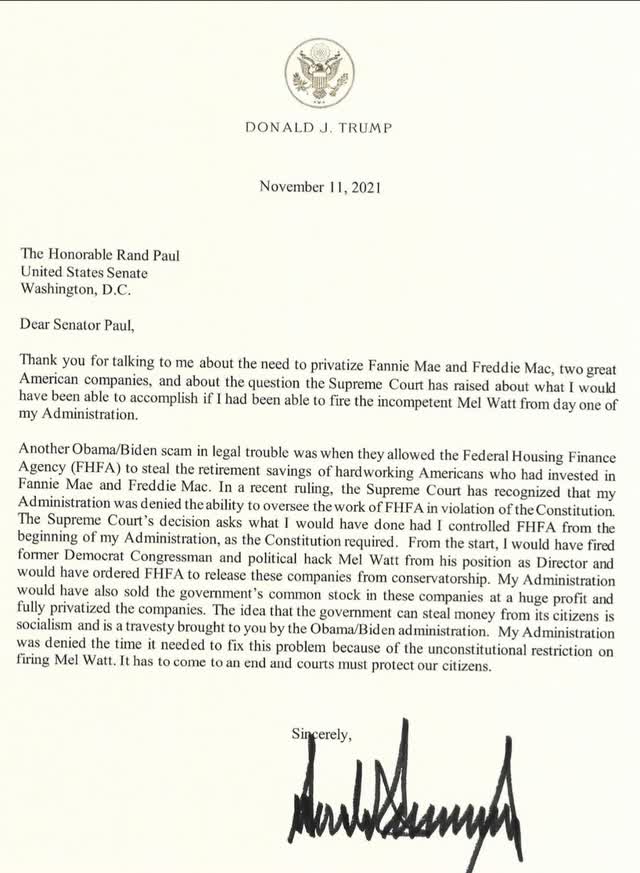 Trump letter to Rand Paul about conservatorship fannie mae freddie mac