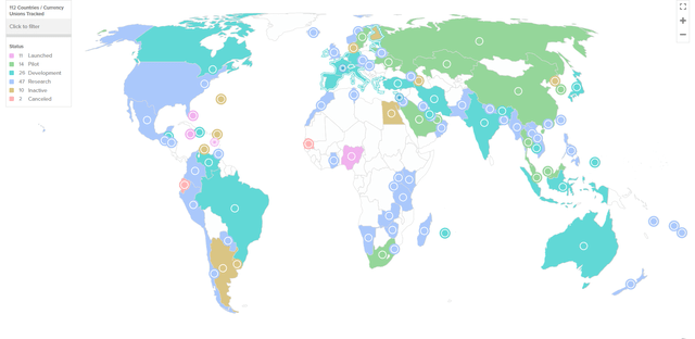 Map of all the different levels of CBDC adoption across the world