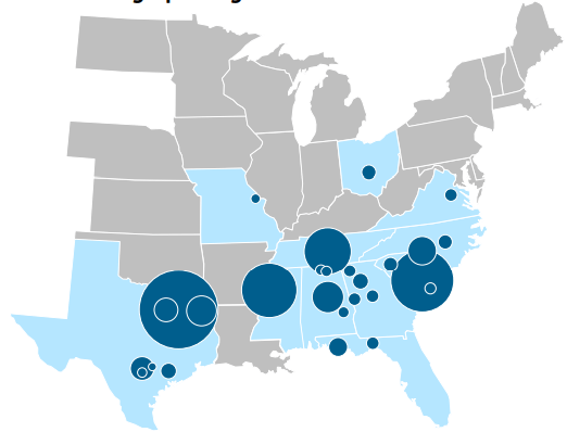 Map of eastern U.S., showing BRT assets heavily concentrated in Texas, South Carolina, Mississippi, and Tennessee, with lesser concentrations in Alabama, Georgia, and Florida, and smatterings in North Carolina, Ohio, and Missouri