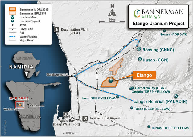 map of the Etango uranium project in Namibia belonging to Bannerman Energy