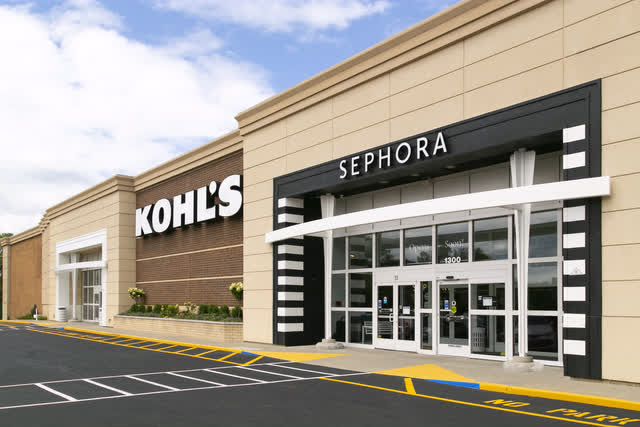 The exterior of a Kohl's store featuring Sephora co-branding.