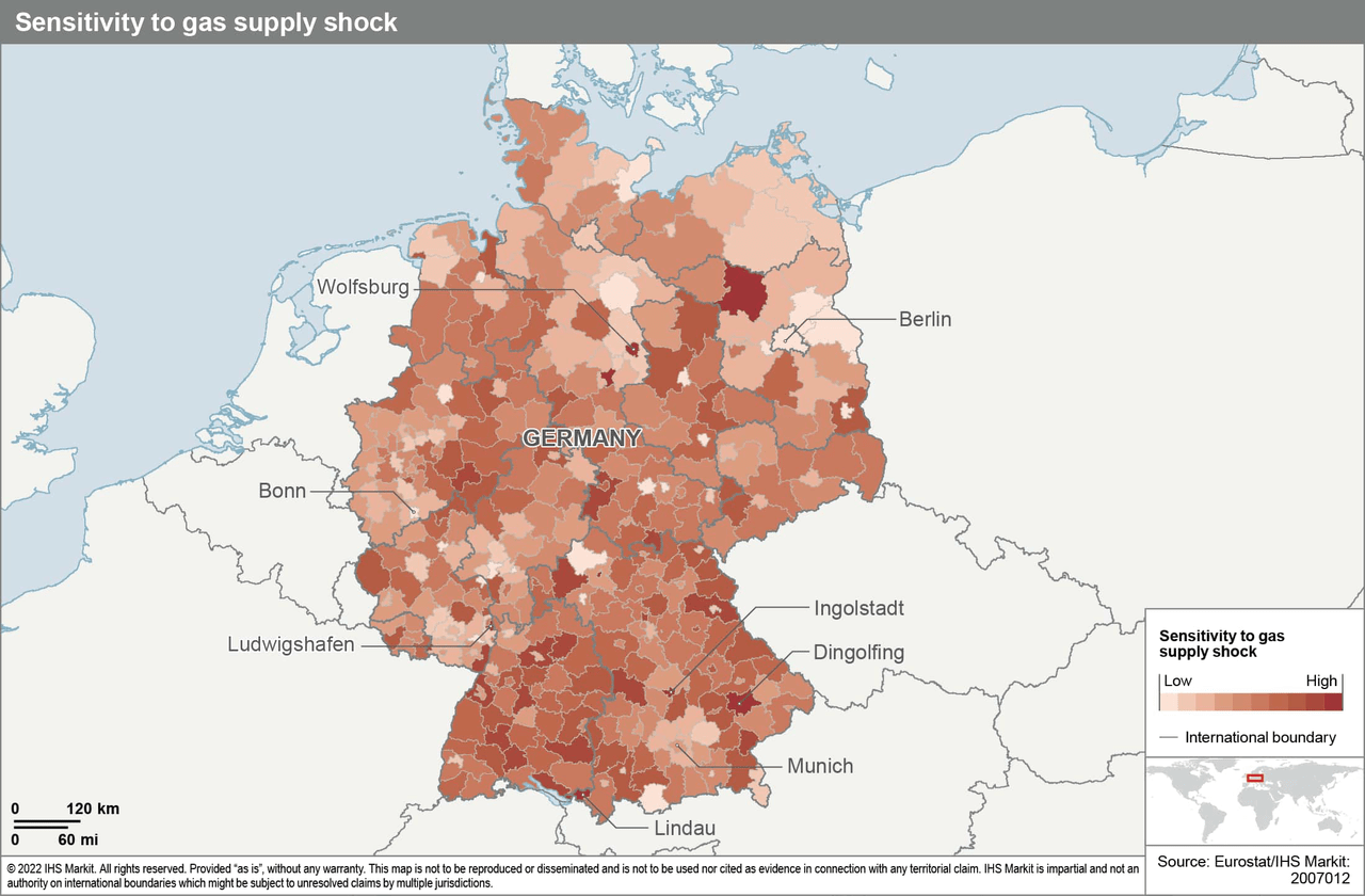 impact of gas supply chock in Germany by region and city