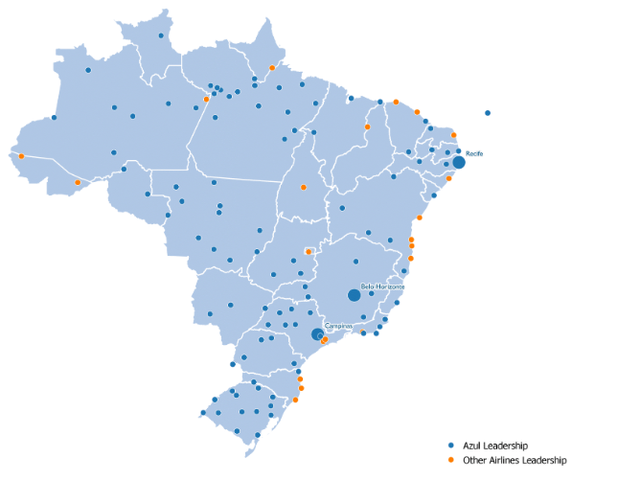 Air departure leader by Brazilian city, showing Azul's leadership in most of them