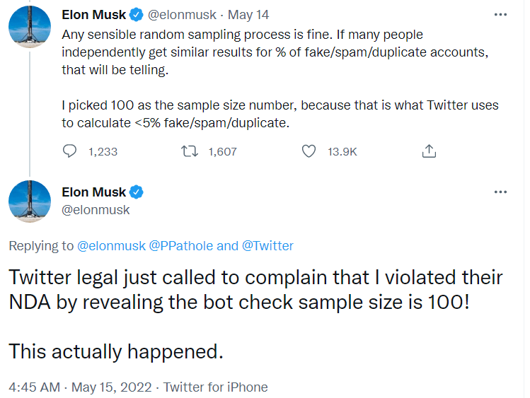 Elon Musk's Tweet talking about Twitter's Sample Size Number for Bot Estimation