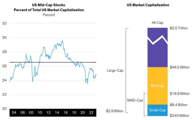 Bar chart shows annualized returns and volatility of US mid-cap stocks vs. large-cap stocks from August 2002 through July 2022.