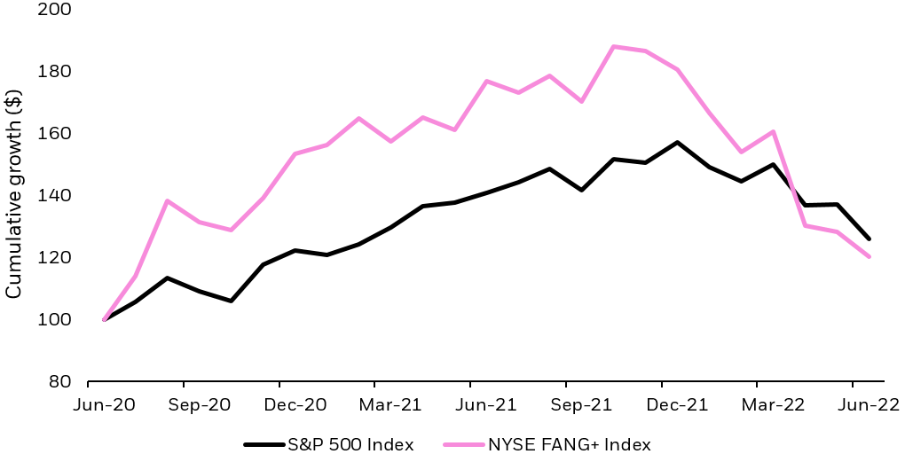 Chart showing the performance of the NYSE FANG+ Index vs. the S&P 500 for the past two years.