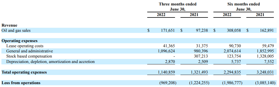 Camber Energy H1 2022 income statement