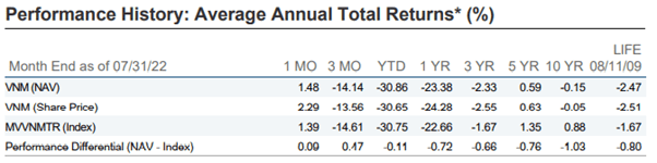 VNM ETF performance 2022