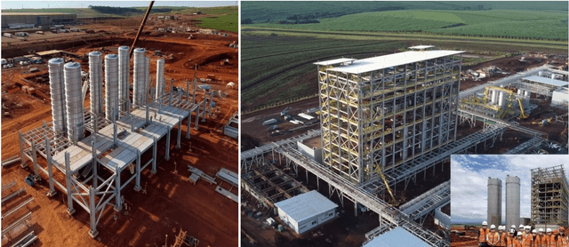 Barra Bonita precision fermentation plant August 2021 showing 8 large stainless tanks and June 2022 showing plant started up 6/9/22