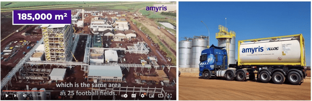 Amyris clip showing Barra Bonita 25 football field size and truck leaving Barra Bonita in July 2022 filled with vanillin