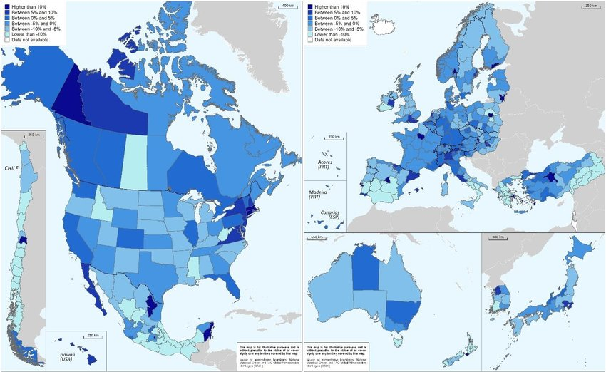 deviations between regional and National PPPs in OECD countries in 2016