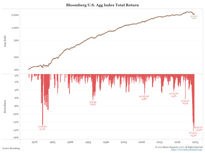 The 13.5% drop in the US Aggregate bond index is the worst drop in (at least) the last 50 years.