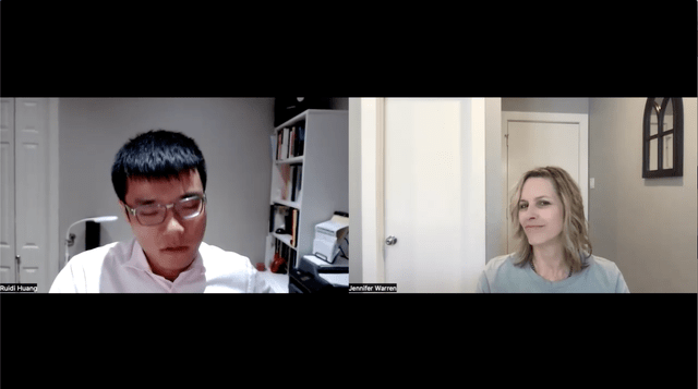 screen grab: Jennifer Warren interviews Huang on supply chain risk 
