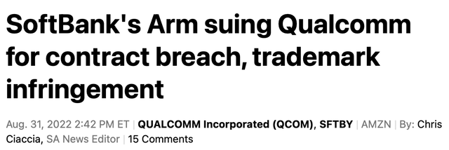 Headline: SoftBank's Arm suing Qualcomm for contract breach, trademark infringement