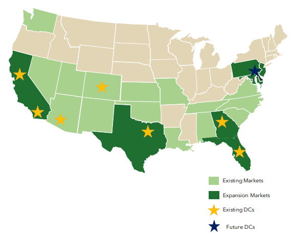 Map of SFM markets and distribution centeres