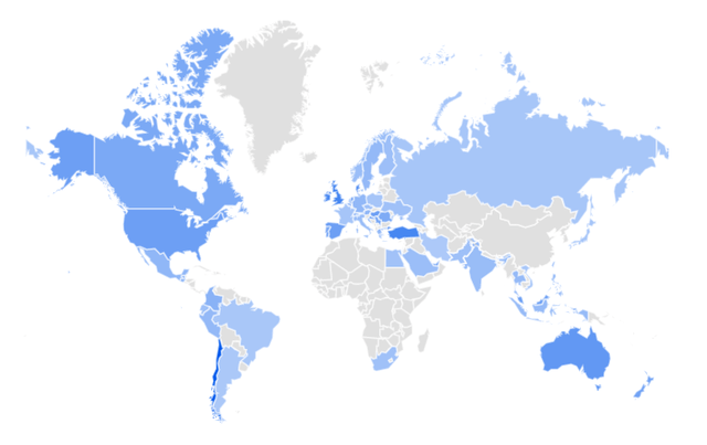 World map shaded by search volume interest for Skechers