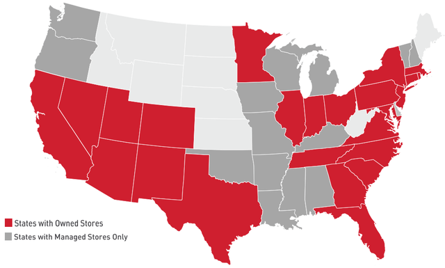 map of U.S., showing 25 states in red, where CUBE owns at least one property, and 14 states in gray, where they operate but do not own a facility