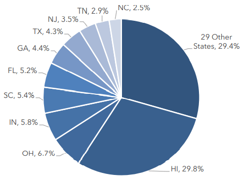 pie chart, showing data as described in text. 29.4% of revenue comes from states that are not in ILPT's top 10