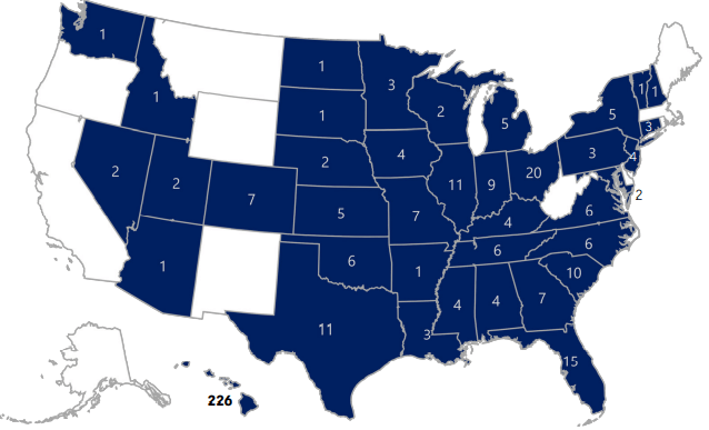 map of U.S., showing states where ILPT operates shaded in blue. Florida is third with 15 properties, and Texas is fourth with 15.