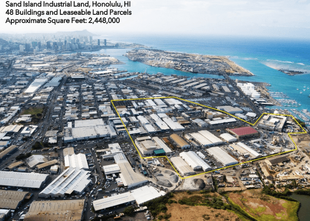 aerial photo of Port of Honolulu, with Diamond Head in the background, and the industrial facility highlighted in the foreground with yellow boundary lines