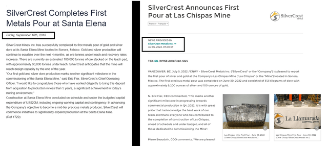SilverCrest First Pour #1 and #2 (Santa Elena, Las Chispas)