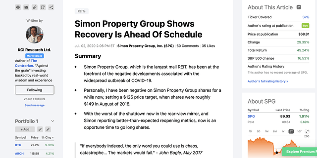 Snapshot of author's July 2nd, 2020 Simon Property Group (<a href='https://seekingalpha.com/symbol/SPG' _fcksavedurl='https://seekingalpha.com/symbol/SPG' title='Simon Property Group, Inc.'>SPG</a>) article.