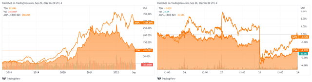 AAPL & TSM 1Y/ 5Y Stock Price