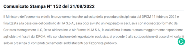 Négociation exclusive avec Air France-KLM (Ministère italien de l'Economie et des Finances)