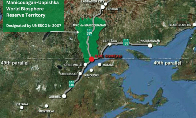 Map showing the proposed location of the BAM plant in Baie-Comeau in Quebec, Canada