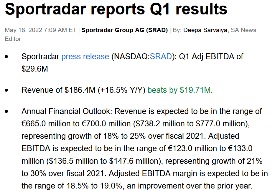 Seeking Alpha article regarding SRAD Q1 2022 earnings