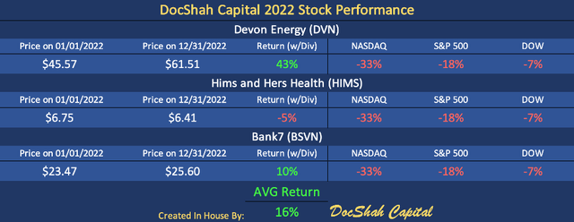 DocShah Capital's Individual Stock Performance for 2022