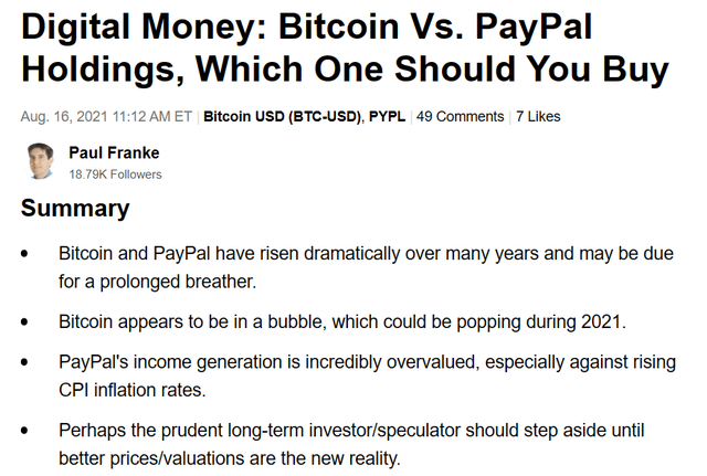 Seeking Alpha - Paul Franke, Article PayPal, 16 août 2021
