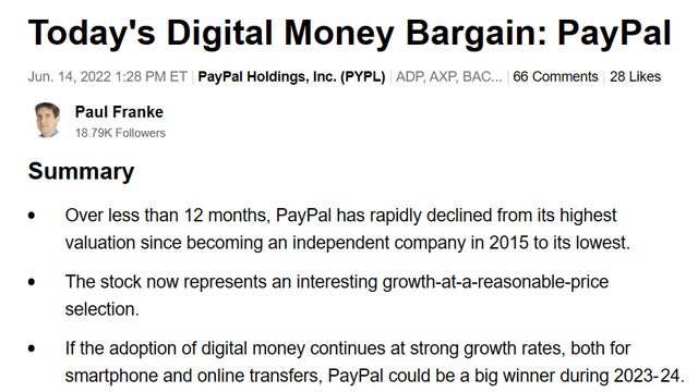 Seeking Alpha - Paul Franke, Article PayPal, 14 juin 2022