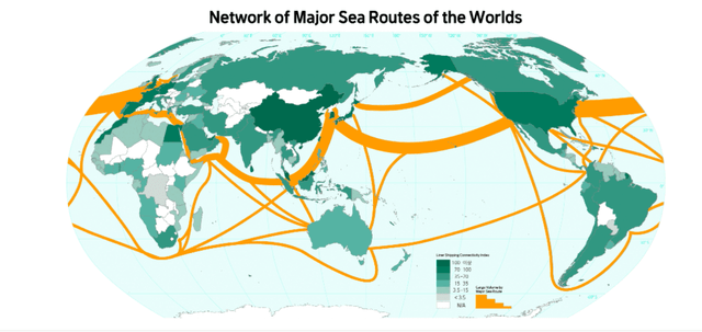 Map of the world shipping lanes.