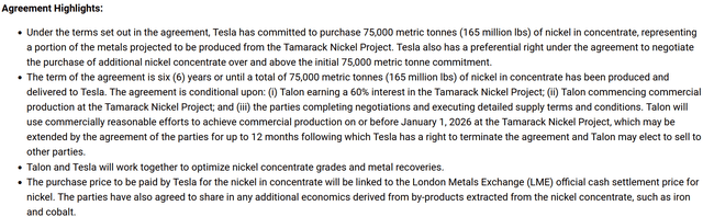 Screenshot of the Tesla off-take agreement announcement