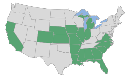 map of U.S., showing FPI assets across the old South and the midsection of the country, plus Michigan and California