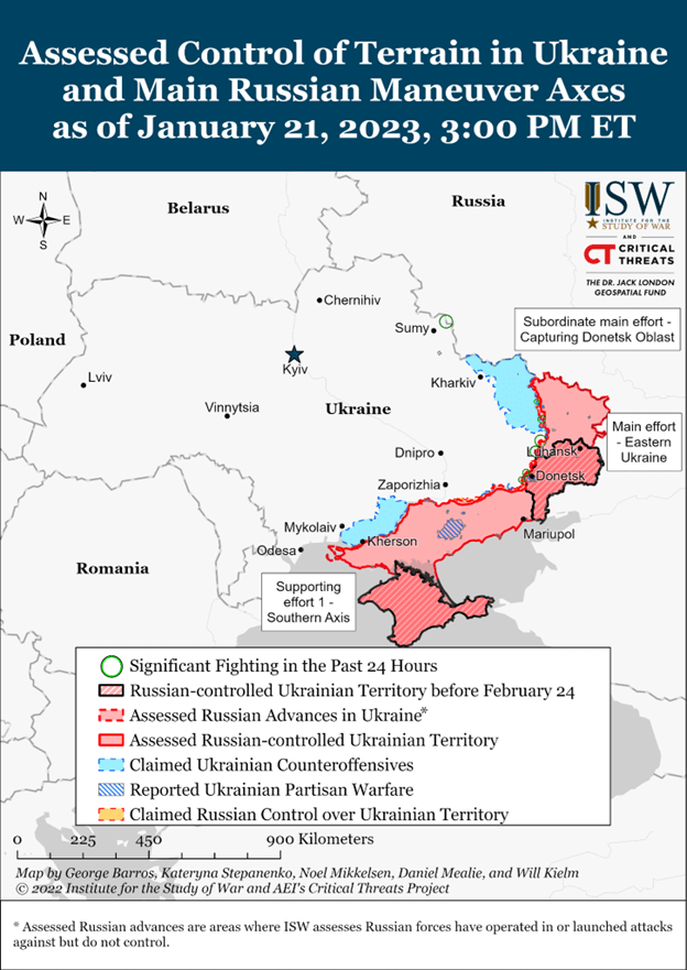 Assessed control of terrain in Ukraine and main Russian maneuver axes as of January 21, 2023, 3:00 pm ET